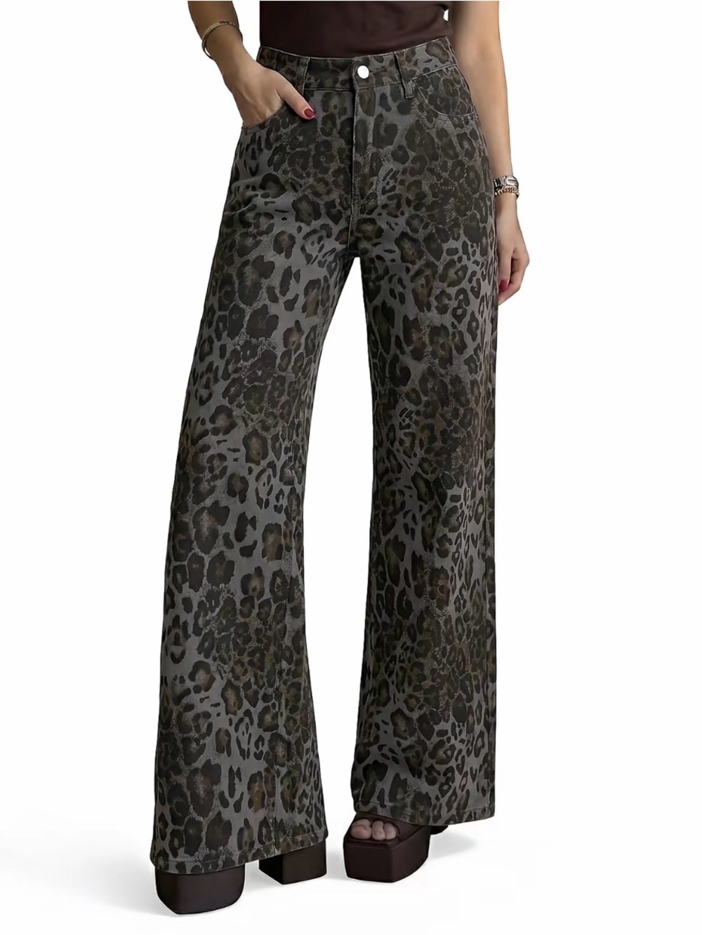 Cicy Bell  Leopard Print High  Rise Wide Leg Jeans Size 2 New Black Grey